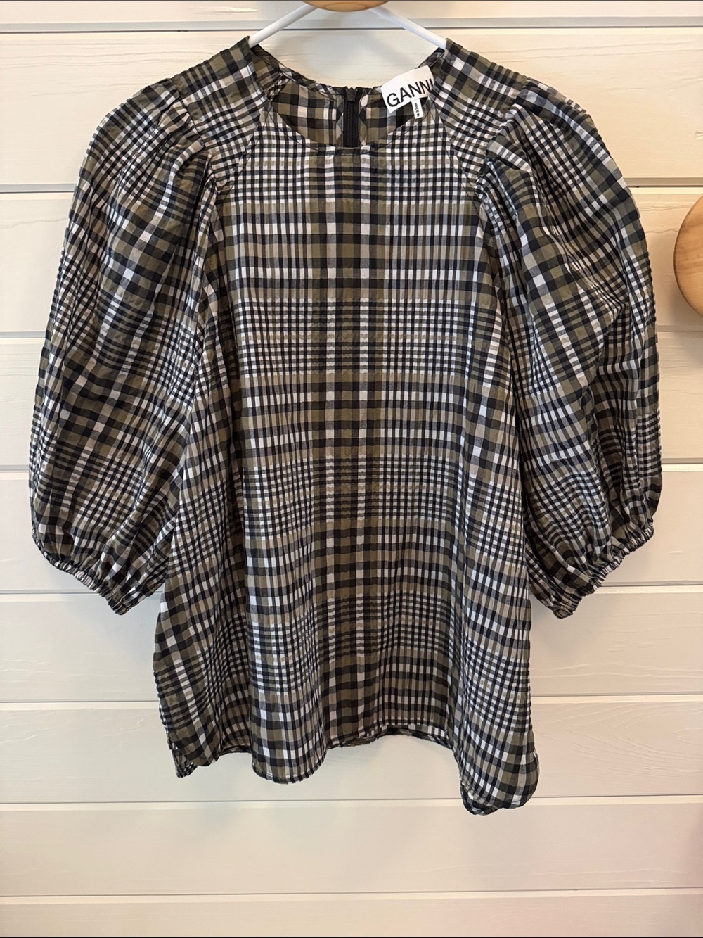 Ganni Textured Flirty Plaid Puff-Sleeve Top